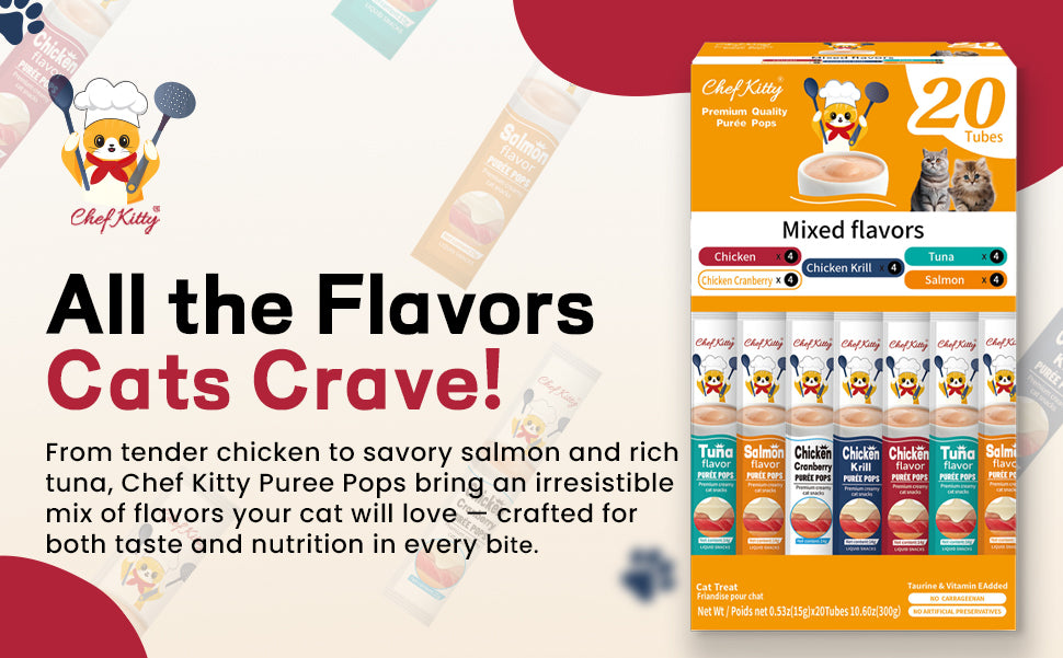 Chef Kitty Purée Pops, Cat Treats, Grain-Free, Lickable, Squeezable Creamy Cat Treat/Topper with Vitamin E & Taurine - 10 Pack Bags