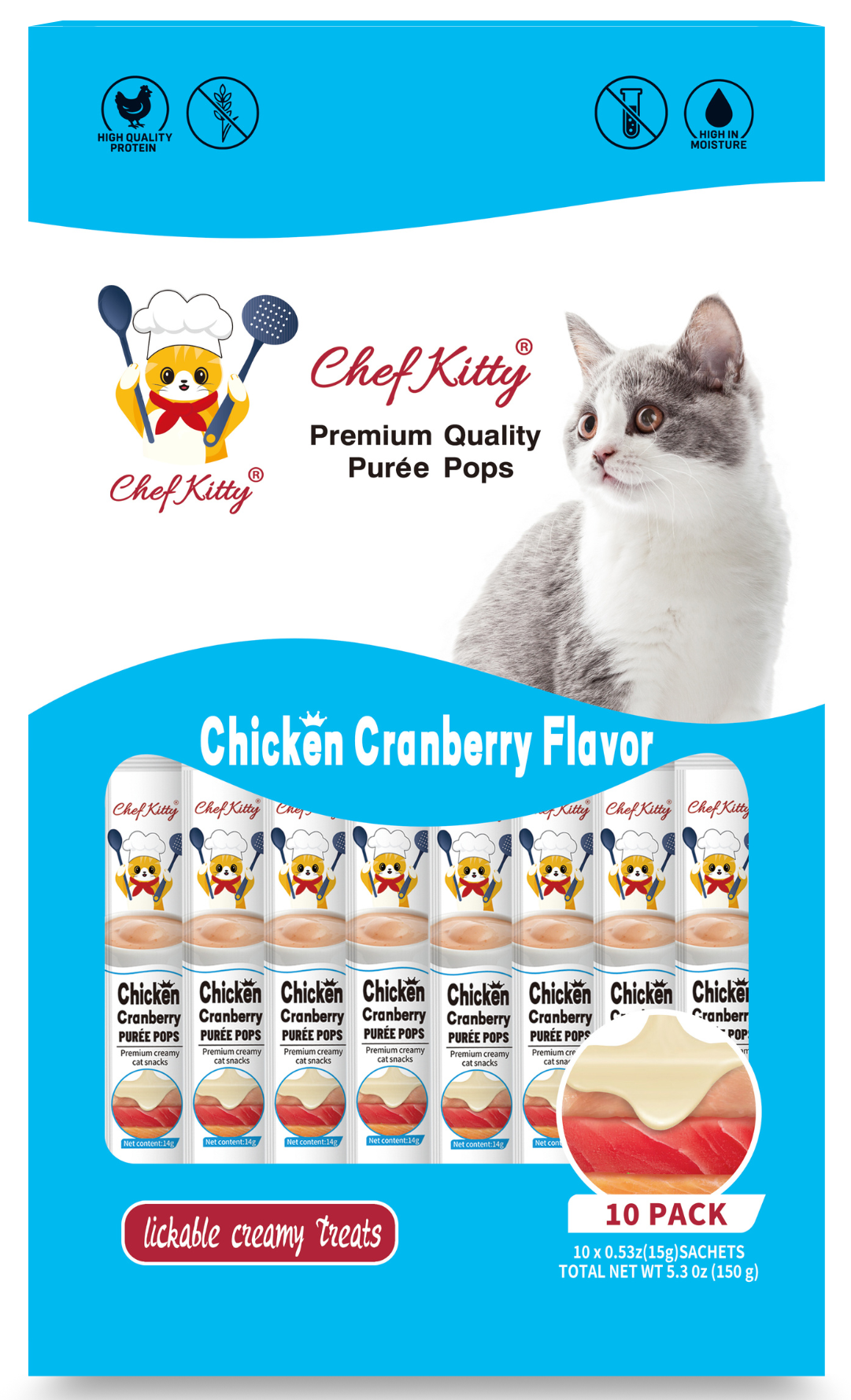 Chef Kitty Purée Pops, Cat Treats, Grain-Free, Lickable, Squeezable Creamy Cat Treat/Topper with Vitamin E & Taurine - 10 Pack Bags