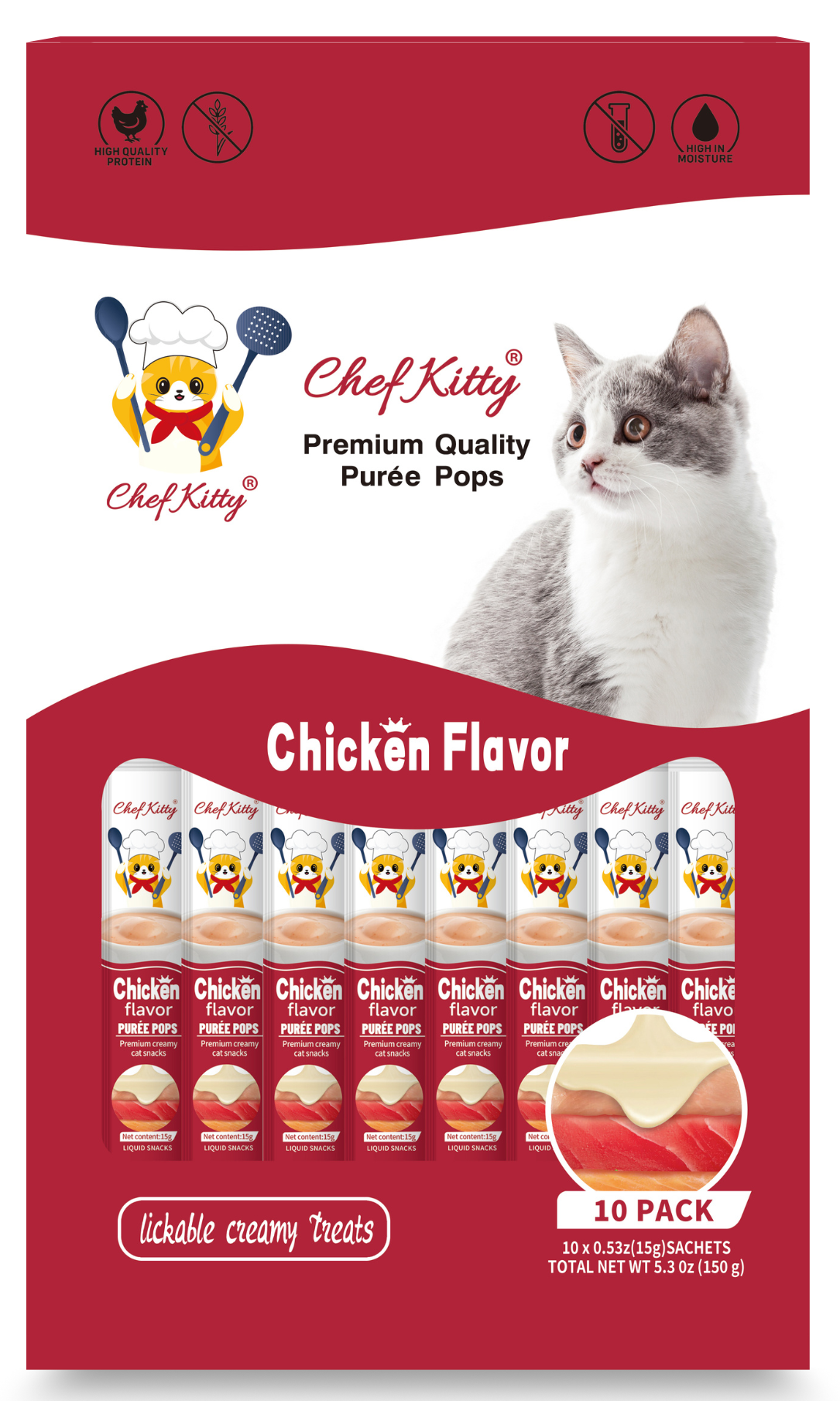 Chef Kitty Purée Pops, Cat Treats, Grain-Free, Lickable, Squeezable Creamy Cat Treat/Topper with Vitamin E & Taurine - 10 Pack Bags