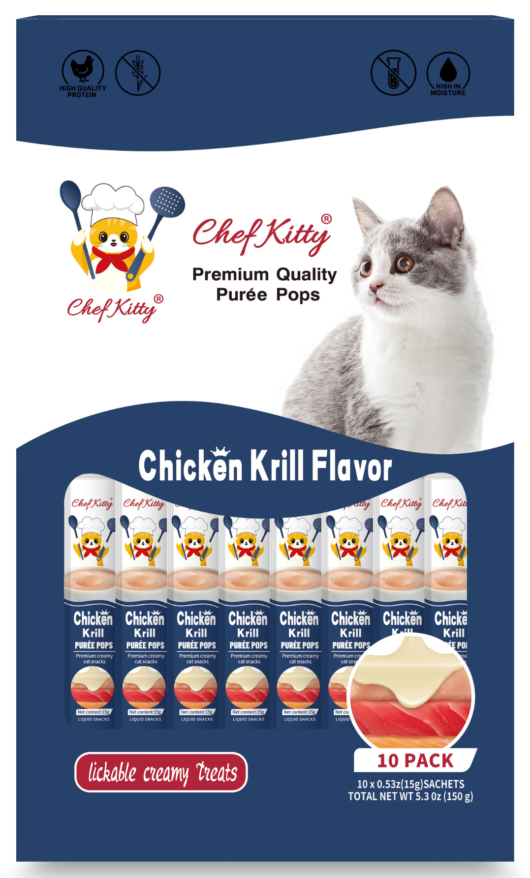 Chef Kitty Purée Pops, Cat Treats, Grain-Free, Lickable, Squeezable Creamy Cat Treat/Topper with Vitamin E & Taurine - 10 Pack Bags