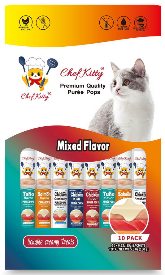 Chef Kitty Purée Pops, Cat Treats, Grain-Free, Lickable, Squeezable Creamy Cat Treat/Topper with Vitamin E & Taurine - 10 Pack Bags
