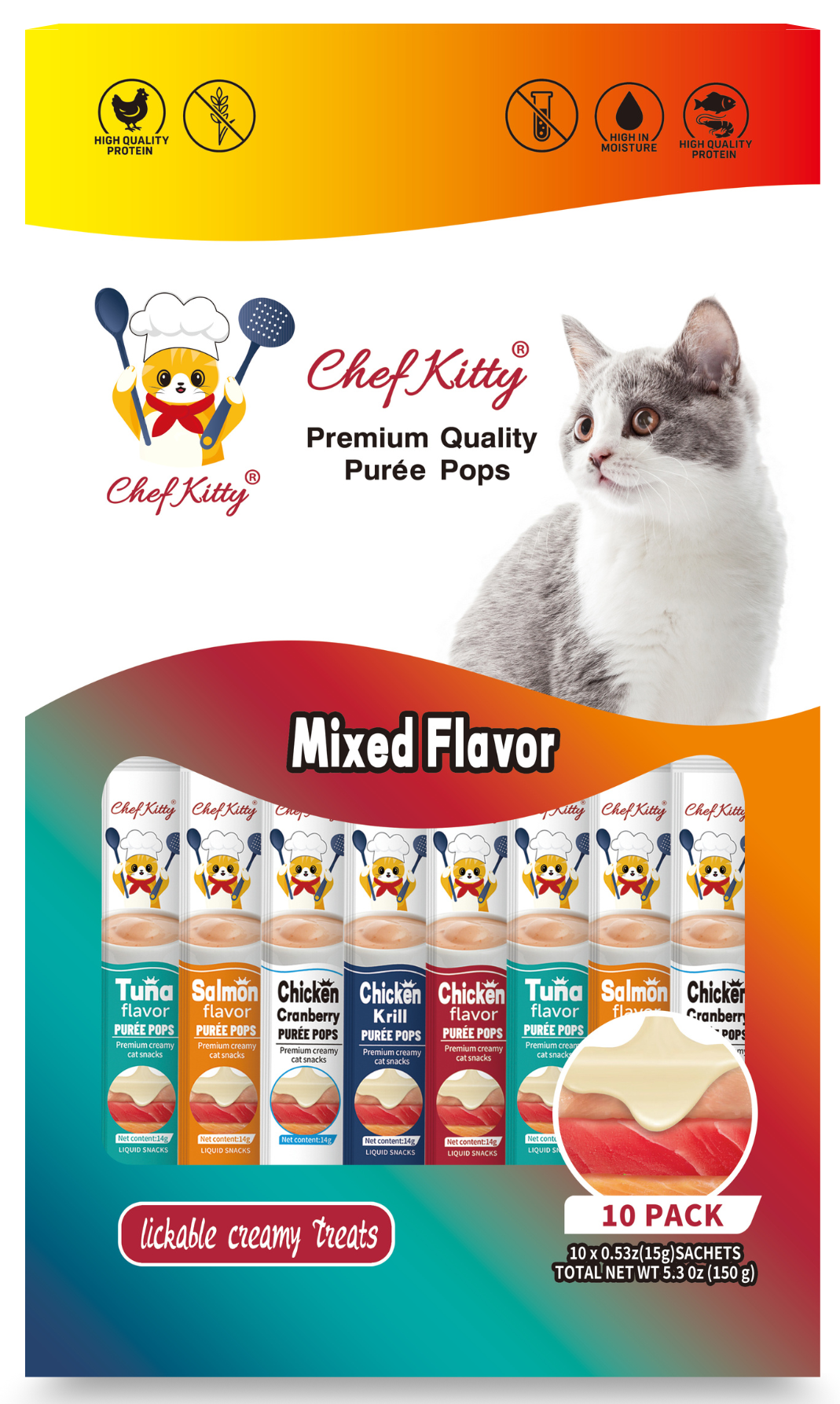 Chef Kitty Purée Pops, Cat Treats, Grain-Free, Lickable, Squeezable Creamy Cat Treat/Topper with Vitamin E & Taurine - 10 Pack Bags