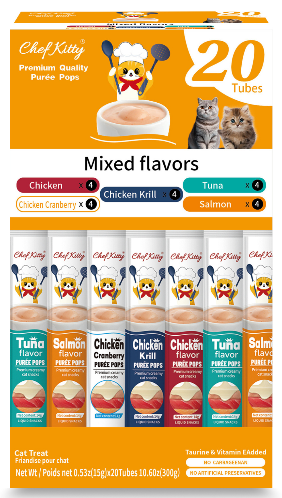 Chef Kitty Purée Pops, Cat Treats, Grain-Free, Lickable, Squeezable Creamy Cat Treat/Topper with Vitamin E & Taurine - 20 Pack Boxes