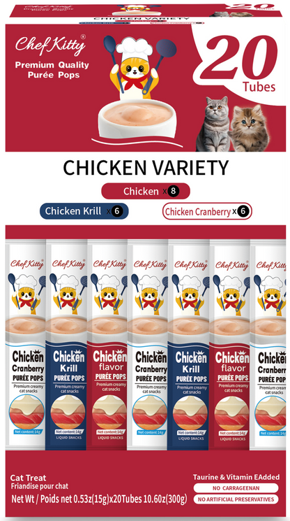 Chef Kitty Purée Pops, Cat Treats, Grain-Free, Lickable, Squeezable Creamy Cat Treat/Topper with Vitamin E & Taurine - 20 Pack Boxes