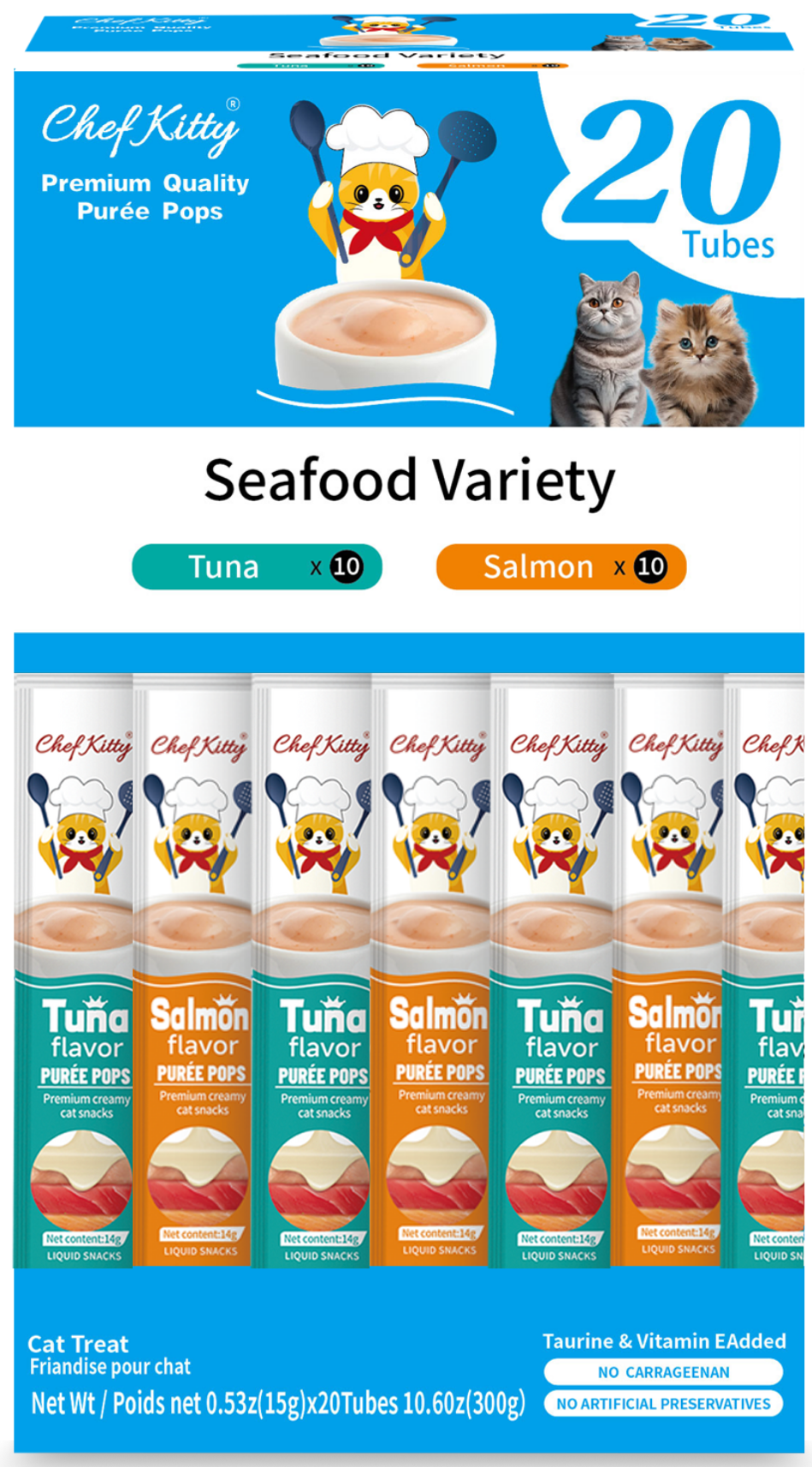 Chef Kitty Purée Pops, Cat Treats, Grain-Free, Lickable, Squeezable Creamy Cat Treat/Topper with Vitamin E & Taurine - 20 Pack Boxes