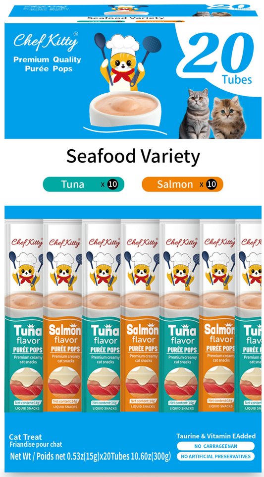 Chef Kitty Purée Pops, Cat Treats, Grain-Free, Lickable, Squeezable Creamy Cat Treat/Topper with Vitamin E & Taurine - 20 Pack Boxes