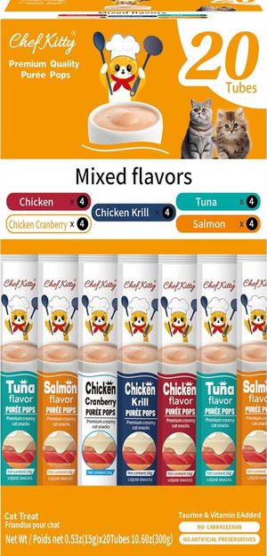 Chef Kitty Purée Pops 20 pack grain-free cat treats in creamy puree form with taurine and Vitamin E for healthy cats