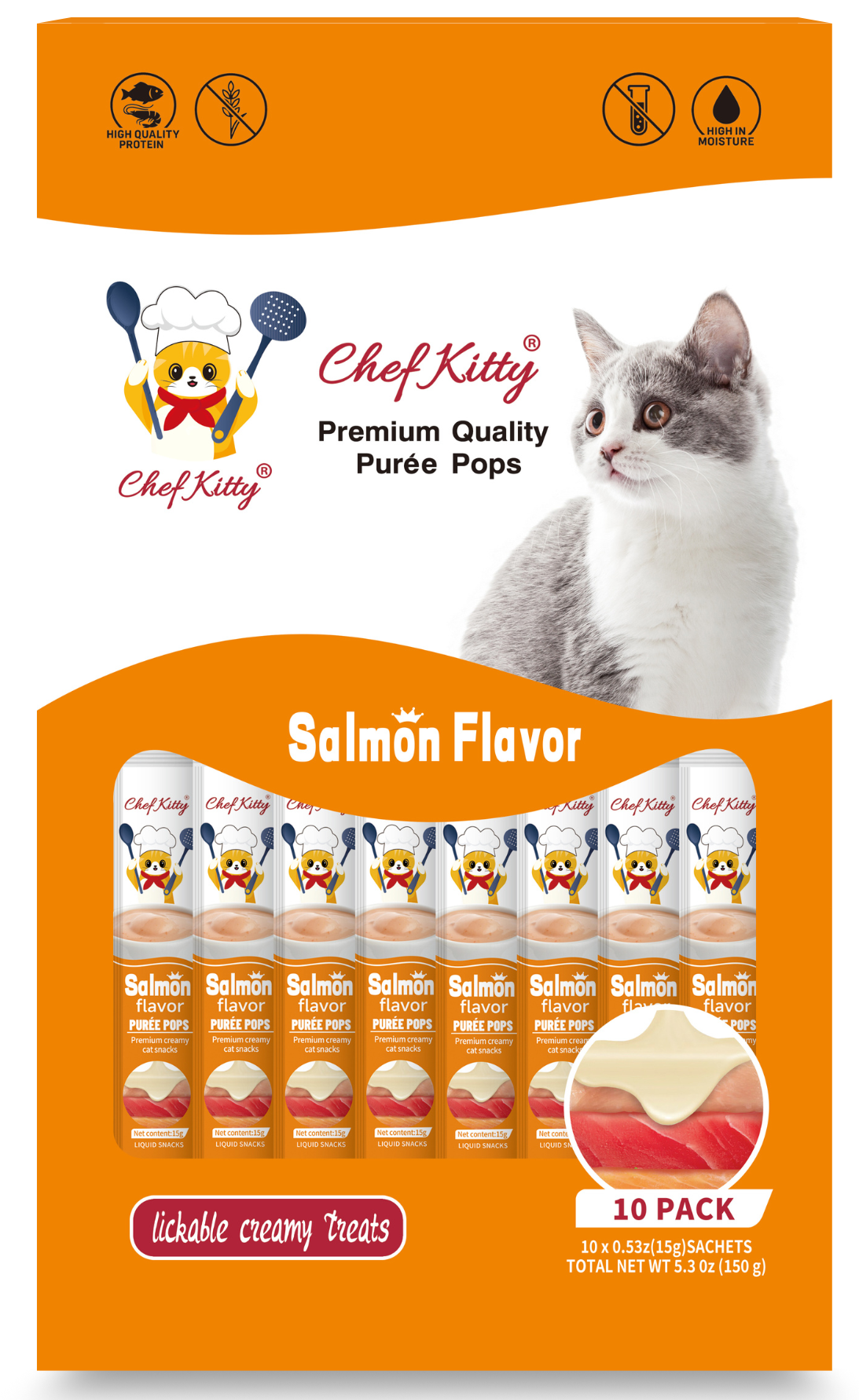Chef Kitty Purée Pops, Cat Treats, Grain-Free, Lickable, Squeezable Creamy Cat Treat/Topper with Vitamin E & Taurine - 10 Pack Bags