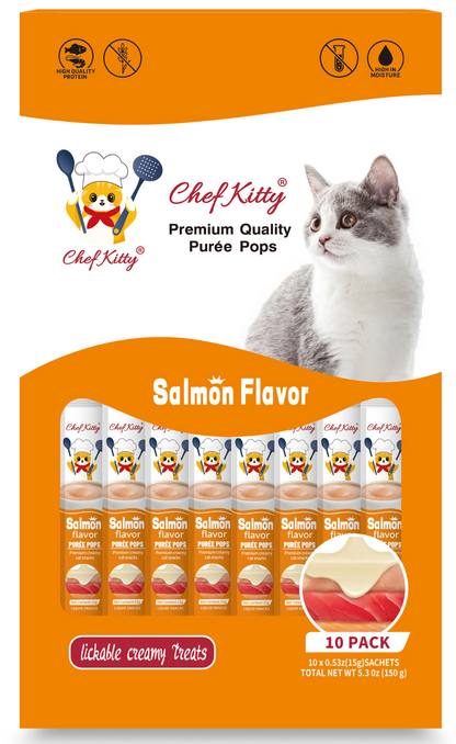 Chef Kitty Purée Pops, Cat Treats, Grain-Free, Lickable, Squeezable Creamy Cat Treat/Topper with Vitamin E & Taurine - 10 Pack Bags