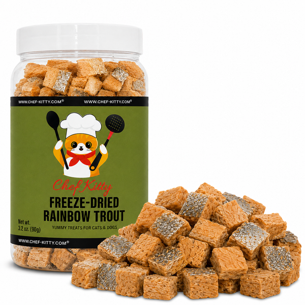 Chef Kitty Freeze Dried Rainbow Trout Cat Treats pouch with premium Idaho farm-raised single-ingredient high-protein omega-3 grain-free pet food toppers