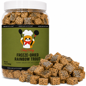 Chef Kitty Freeze Dried Rainbow Trout cat and dog treats made from 100% Idaho farm-raised trout, high protein, omega-3, grain-free, no additives, made in USA