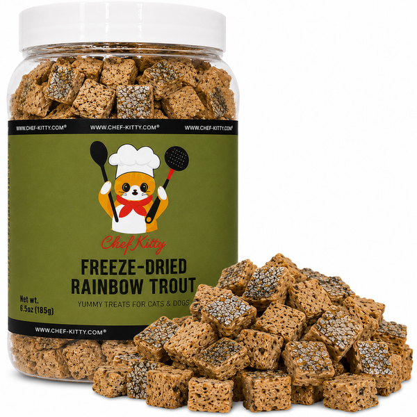 Chef Kitty Freeze Dried Rainbow Trout cat and dog treats made from 100% Idaho farm-raised trout, high protein, omega-3, grain-free, no additives, made in USA