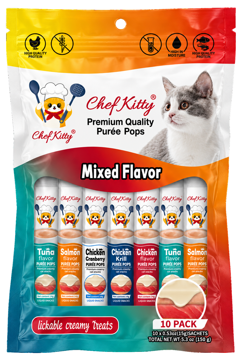 Chef Kitty Purée Pops - Lickable Creamy Cat Treats (10 Pack)