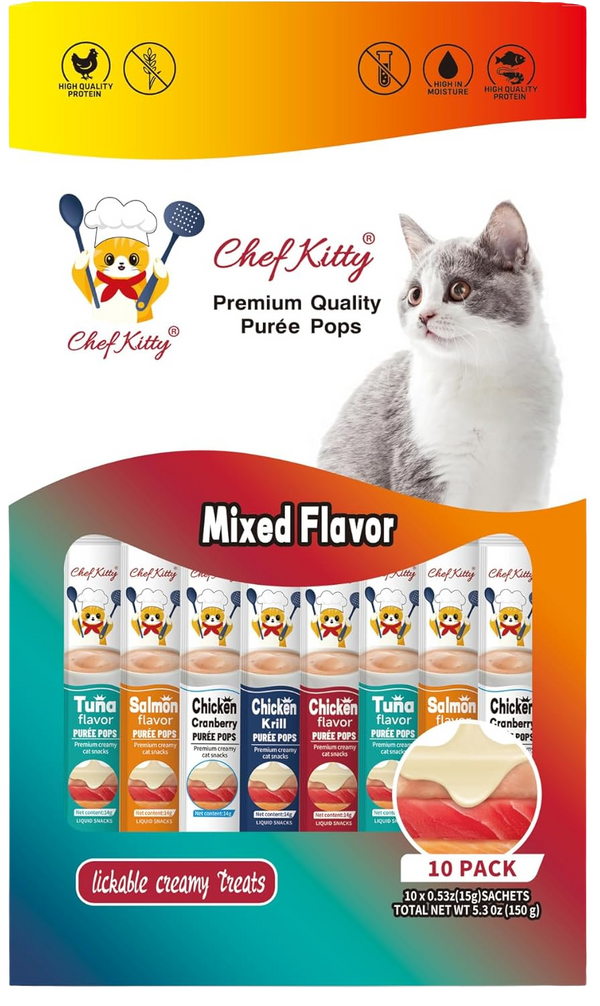 Chef Kitty Purée Pops - Lickable Creamy Cat Treats (10 Pack) - Chef - Kitty
