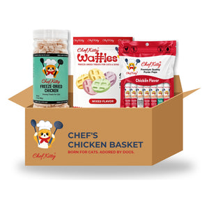 Chef's Chicken Basket: freeze-dried chicken, waffle treats and chicken Purée Pops in a Chef Kitty box