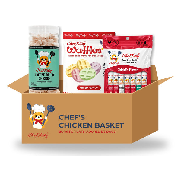 Chef's Chicken Basket: freeze-dried chicken, waffle treats and chicken Purée Pops in a Chef Kitty box