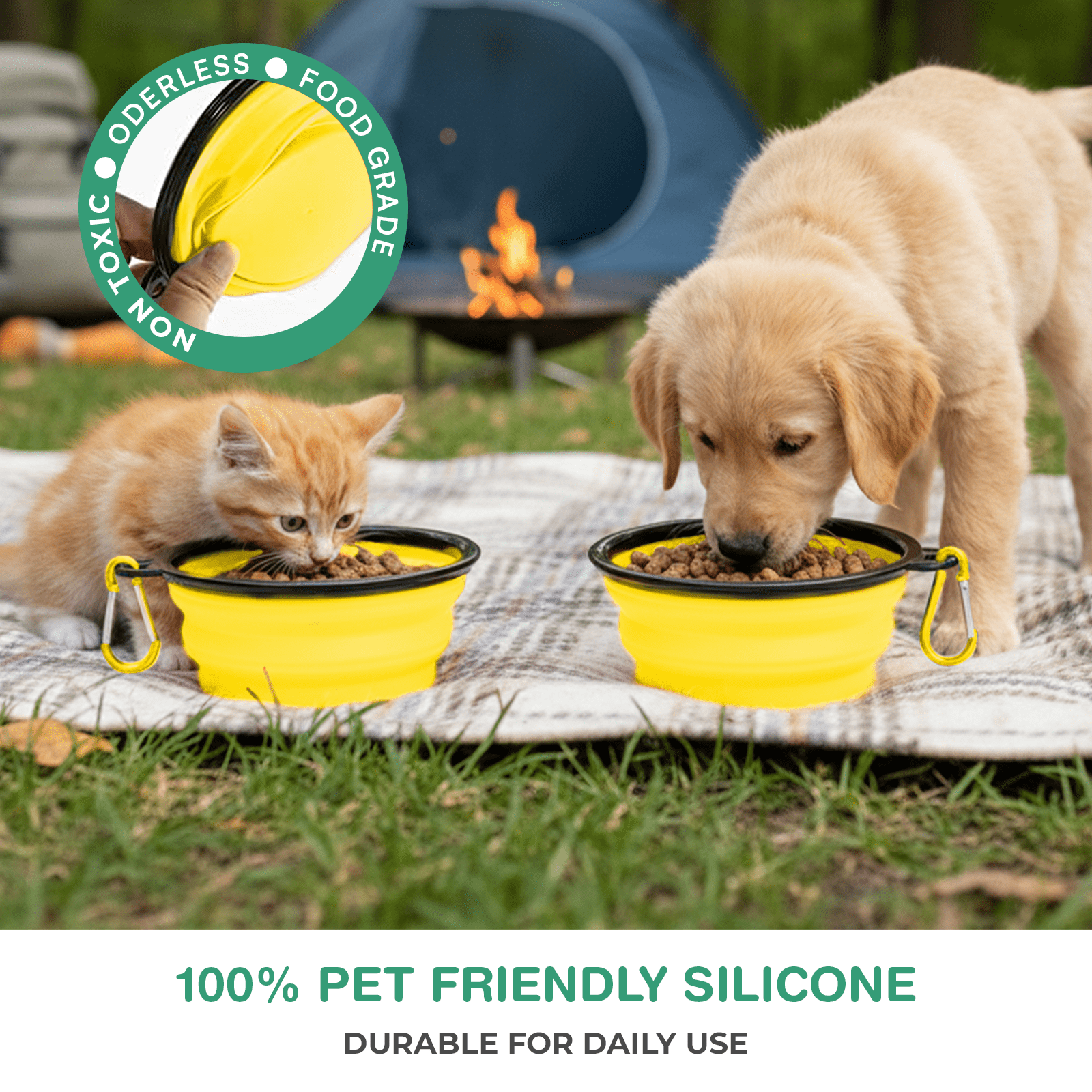 Collapsible Dog Bowls for Travel, Portable Dog Water Bowl & Food Bowl for Dogs and Cats, Foldable Pet Feeding Dish for Walking Hiking Camping with Carabiner, BPA Free - Chef - Kitty