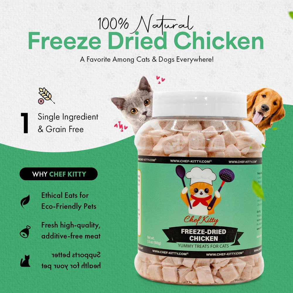 Human Grade Freeze - Dried Chicken Treats for Cats & Dogs - Healthy & Tasty - USA Inspected & Tested - Chef - Kitty