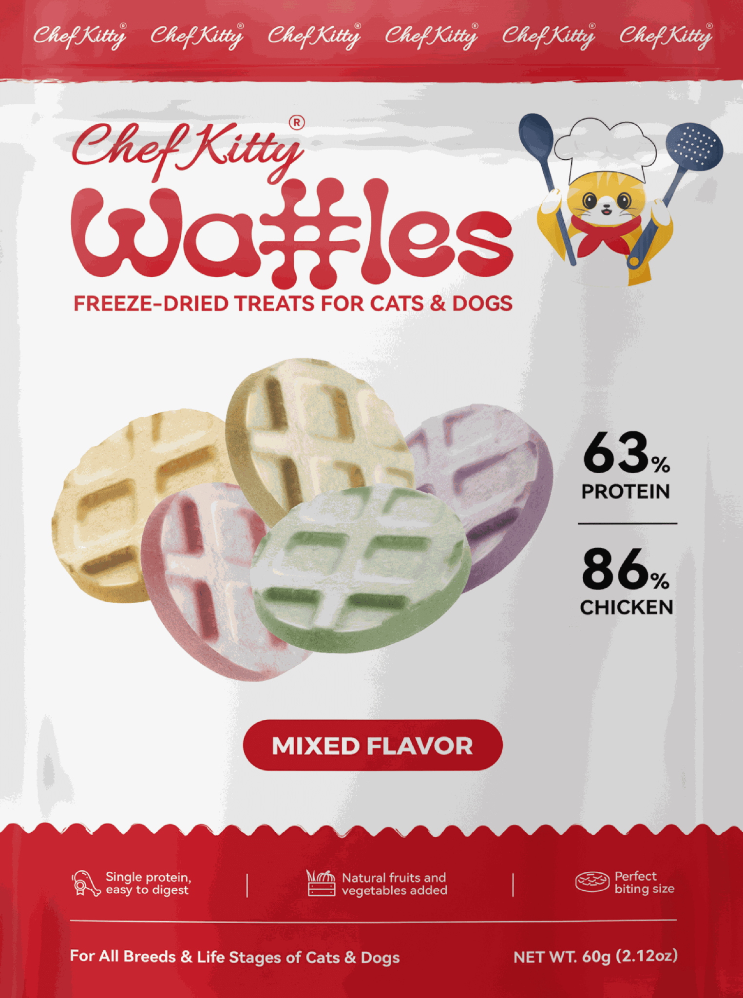 Freeze Dried Chicken Cat & Dog Treats - Waffles made with Human Grade Chicken Breast & Liver - 4 Natural Flavors - Healthy, Tasty, Dry Food for Indoor Cats, Kittens, Dogs - Inspected & Tested in the USA - Chef - Kitty
