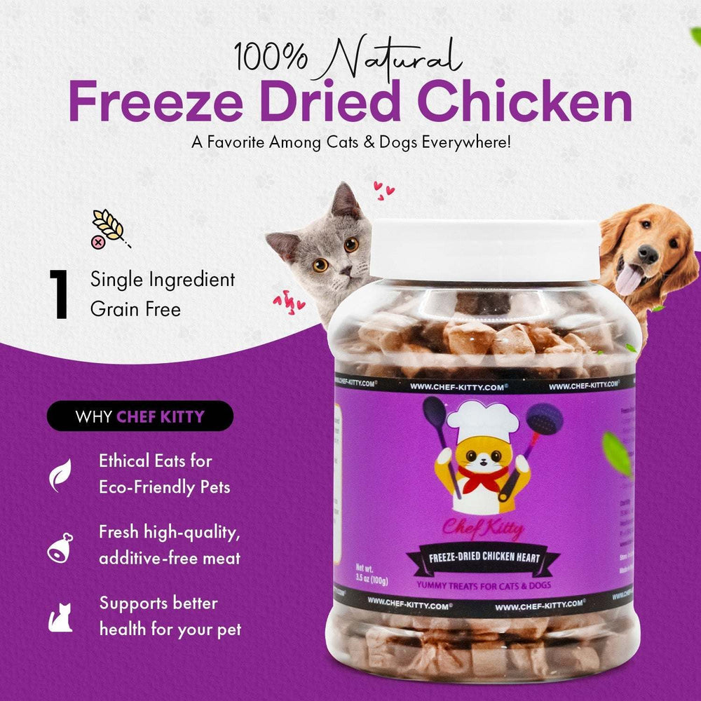 USA Tested and Inspected Freeze DriedChicken Heart Pet Treats - Healthy & Tasty for Cats & Dogs! - Chef - Kitty