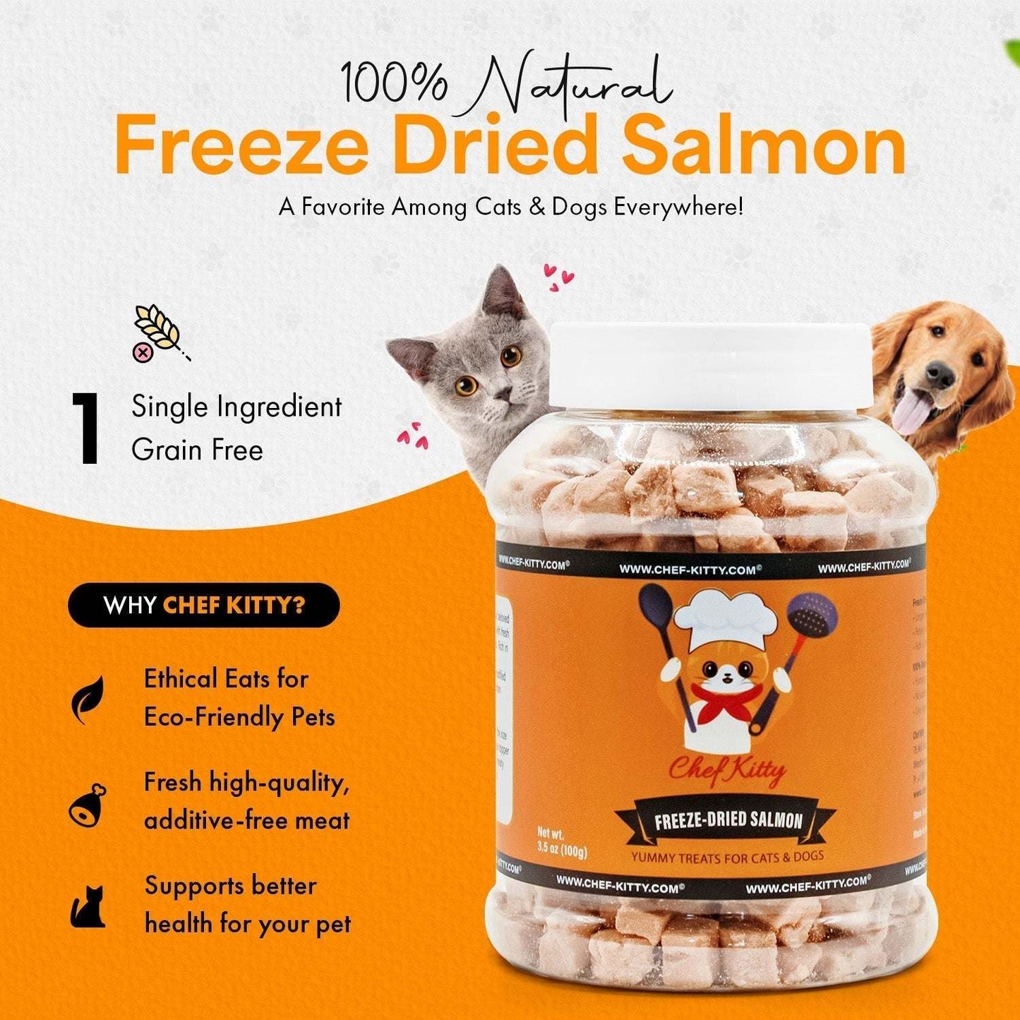 Freeze Dried Salmon Pet Treats for Cats & Dogs - Made from 100% Wild Caught Salmon - Only 1 Ingredient - Healthy, Tasty, Dry Food for Indoor Cats, Kittens, Dogs - Inspected & Tested in the USA - Salmon (1.75oz - 5.3oz) - Chef - Kitty