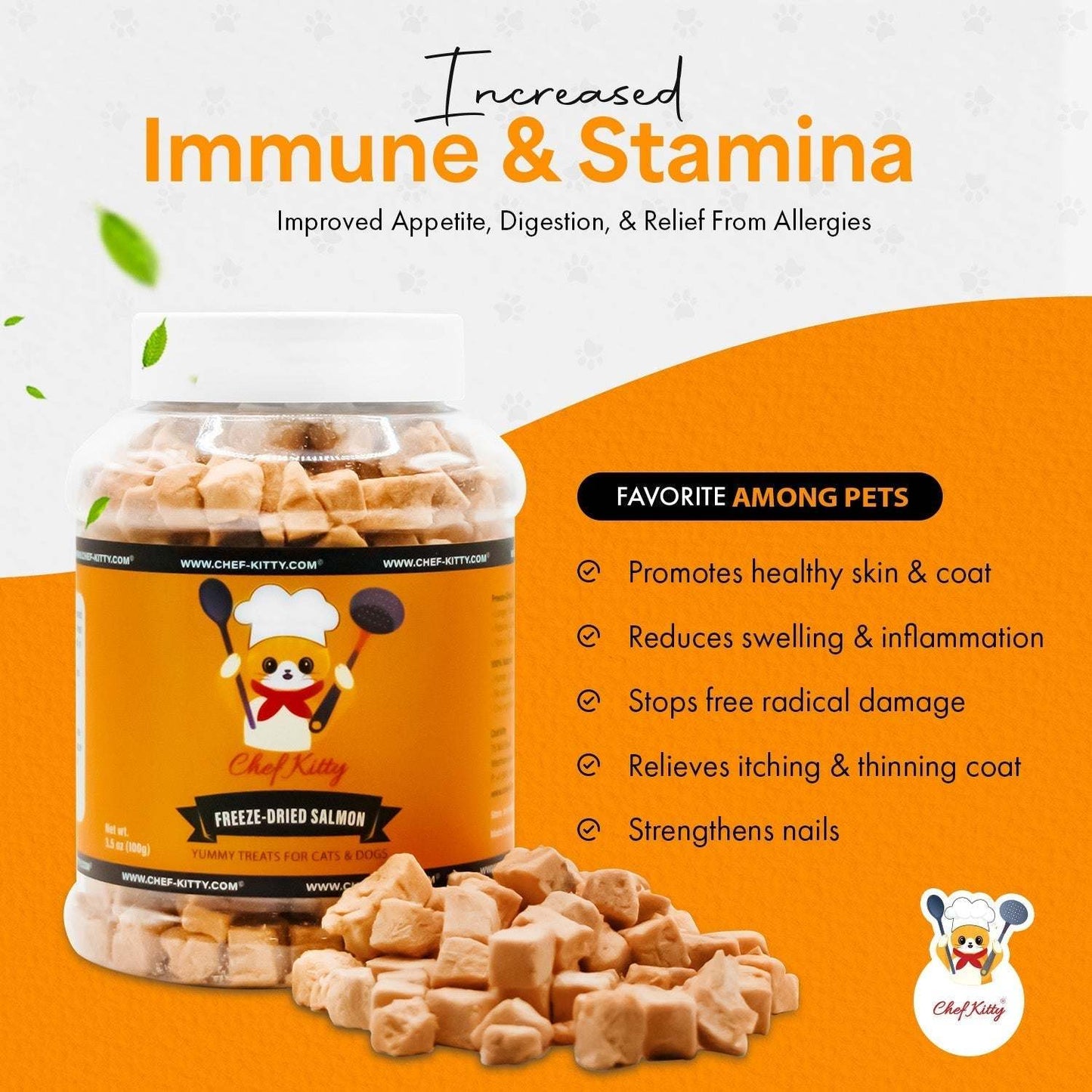 Freeze Dried Salmon Dog and Cat Treats - Made from 100% Wild Caught Salmon - Only 1 Ingredient - Healthy, Tasty, Dry Food for Indoor Cats, Kittens, Dogs - Inspected & Tested in the USA - Salmon (1.75oz - 5.3oz) - Chef - Kitty