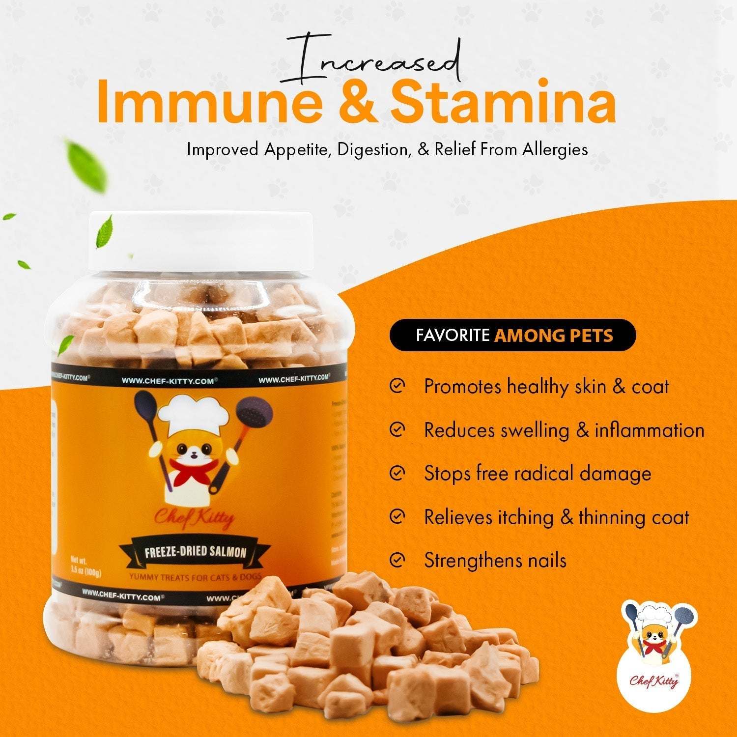 Freeze Dried Salmon Dog and Cat Treats - Made from 100% Wild Caught Salmon - Only 1 Ingredient - Healthy, Tasty, Dry Food for Indoor Cats, Kittens, Dogs - Inspected & Tested in the USA - Salmon (1.75oz - 5.3oz) - Chef - Kitty