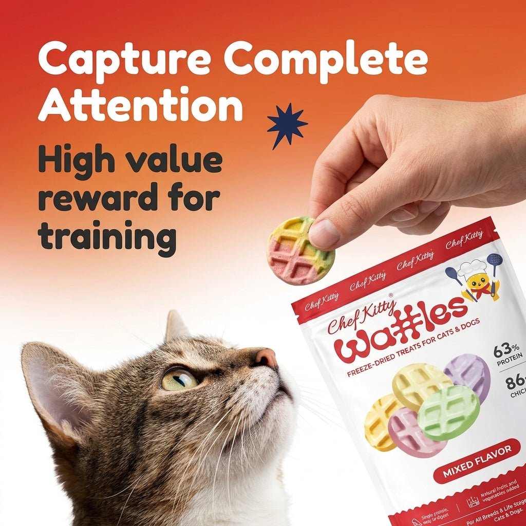Human Grade Freeze Dried Waffles - Healthy Treats for Cats & Dogs - 4 Flavors - Inspected in USA - Chef - Kitty
