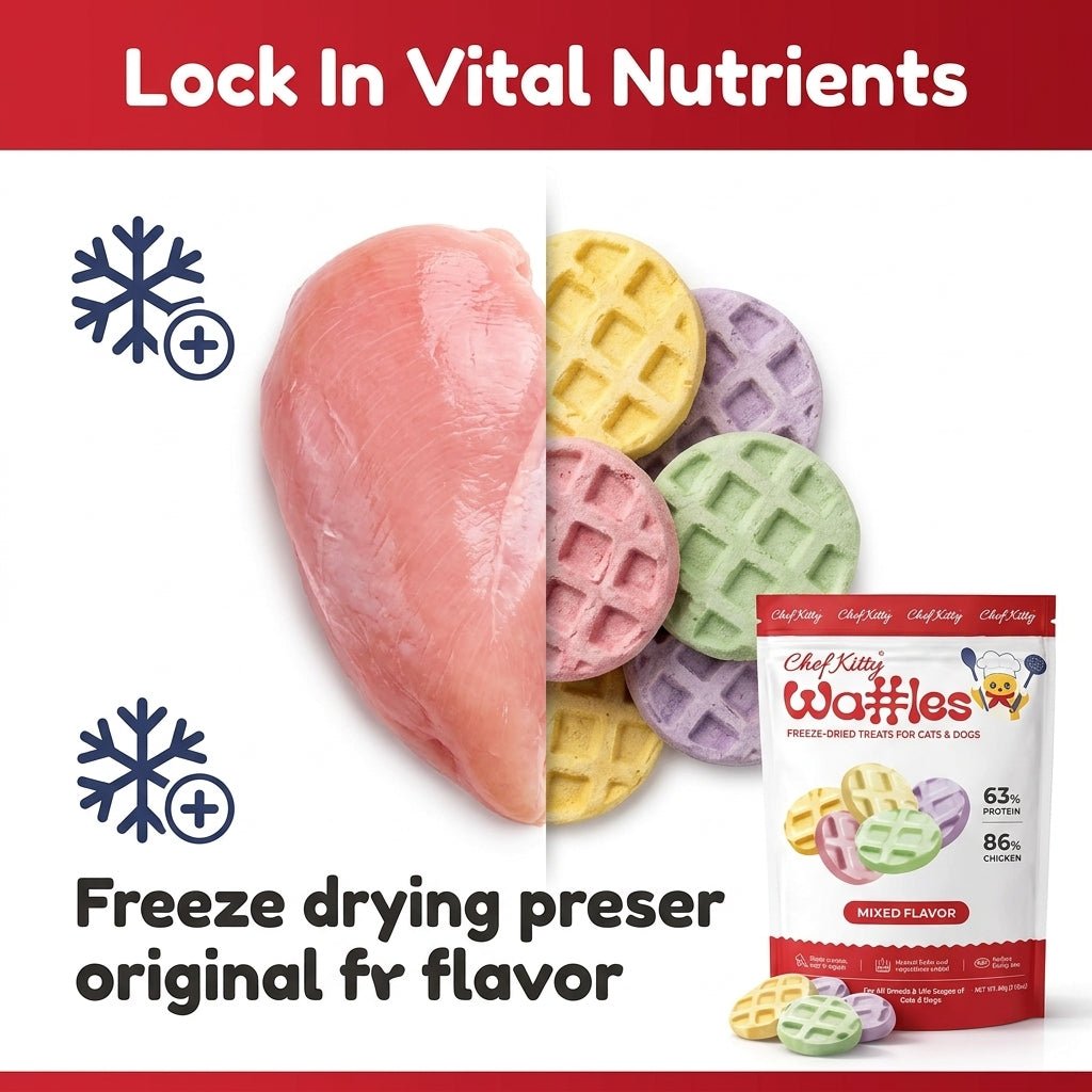 Human Grade Freeze Dried Waffles - Healthy Treats for Cats & Dogs - 4 Flavors - Inspected in USA - Chef - Kitty