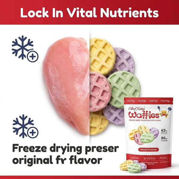 Human Grade Freeze Dried Waffles - Healthy Treats for Cats & Dogs - 4 Flavors - Inspected in USA - Chef - Kitty
