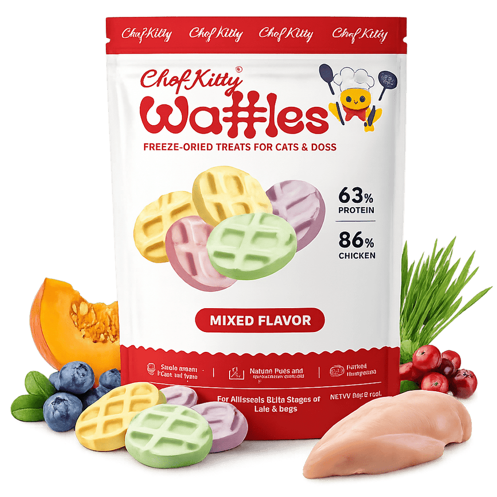 Human Grade Freeze Dried Waffles - Healthy Treats for Cats & Dogs - 4 Flavors - Inspected in USA - Chef - Kitty