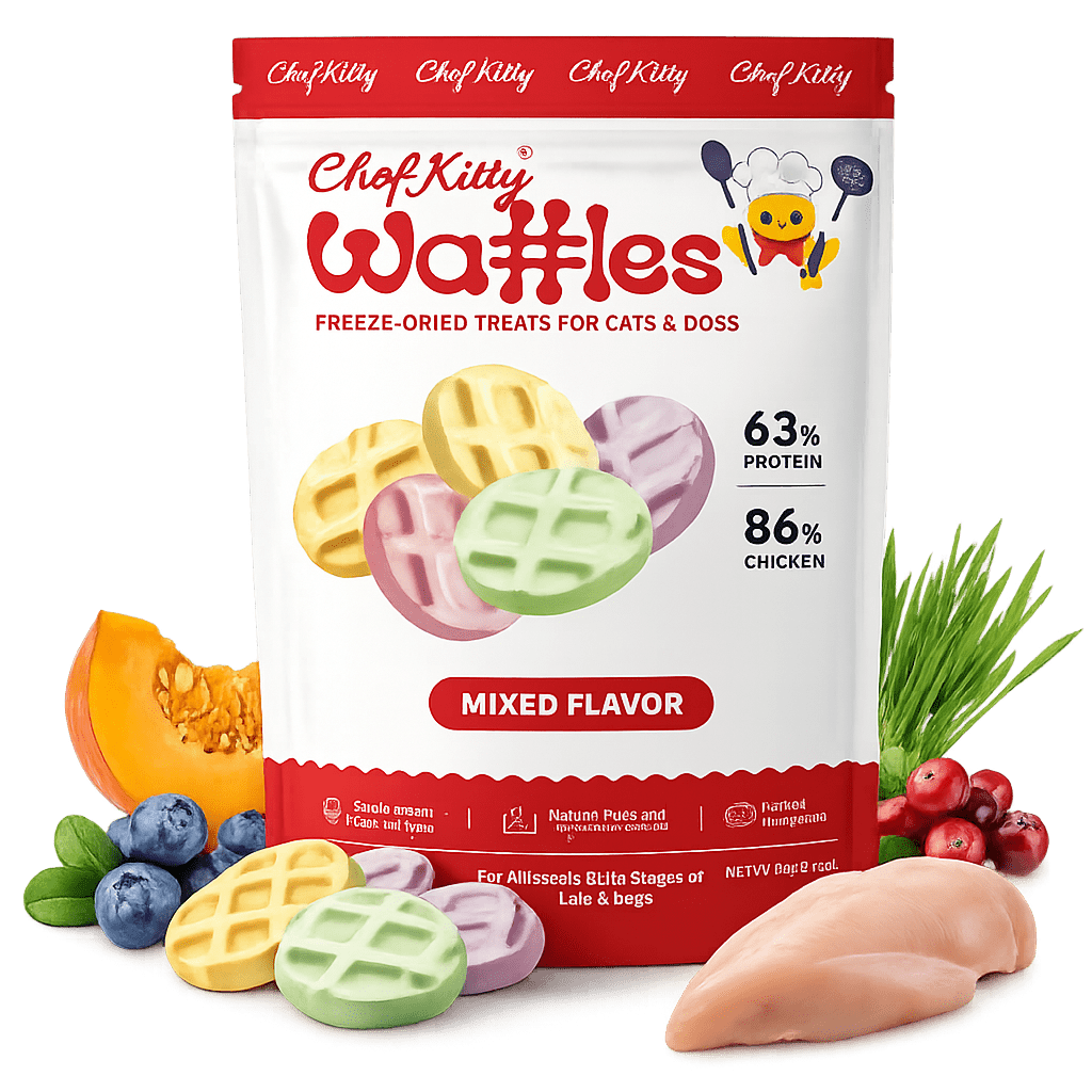 Human Grade Freeze Dried Waffles - Healthy Treats for Cats & Dogs - 4 Flavors - Inspected in USA - Chef - Kitty