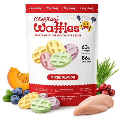 Human Grade Freeze Dried Waffles - Healthy Treats for Cats & Dogs - 4 Flavors - Inspected in USA - Chef - Kitty