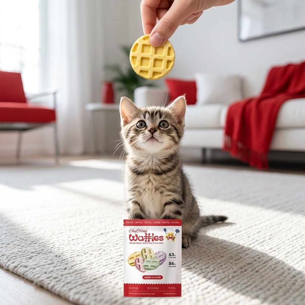 Human Grade Freeze Dried Waffles - Healthy Treats for Cats & Dogs - 4 Flavors - Inspected in USA - Chef - Kitty
