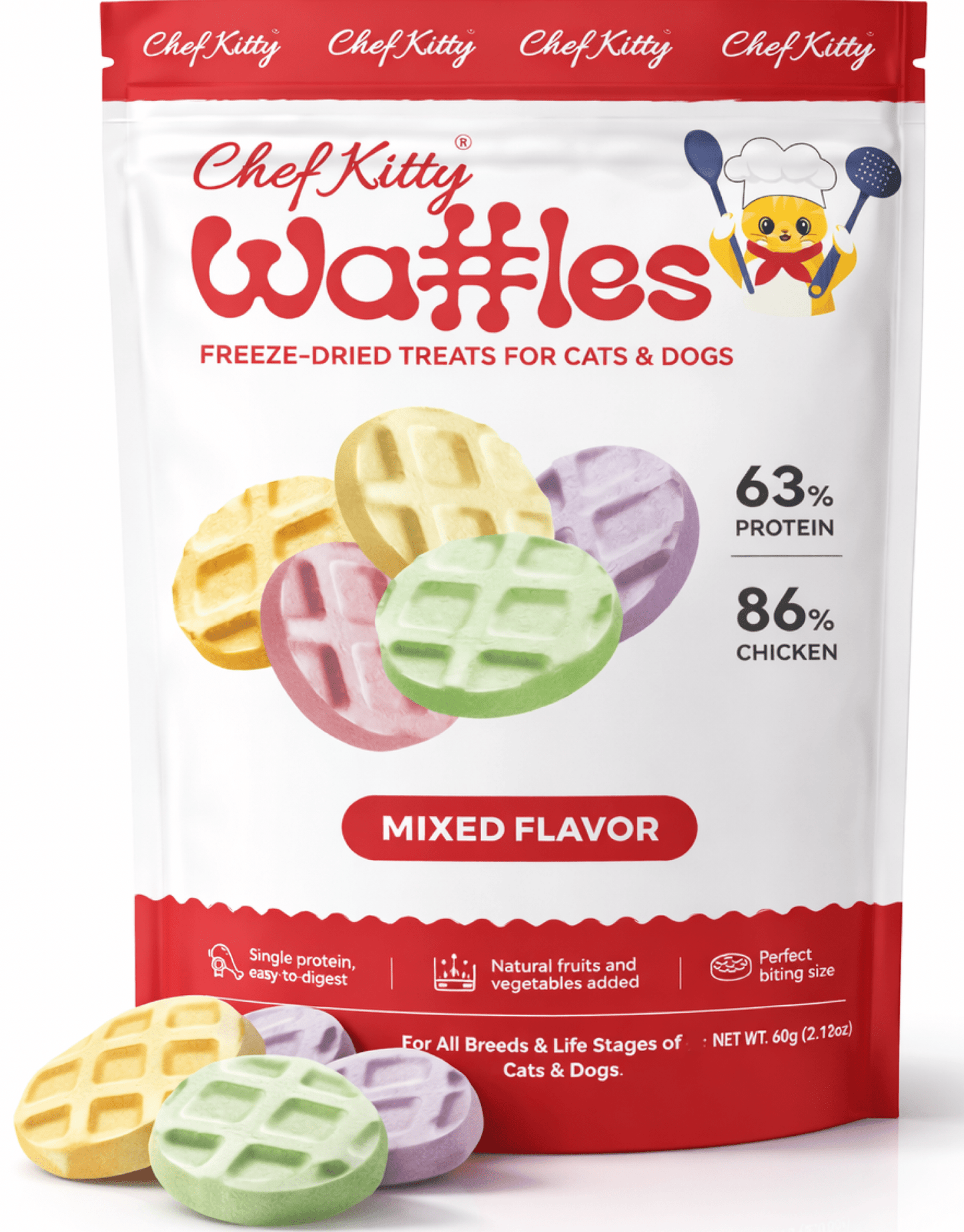Human Grade Freeze Dried Waffles - Healthy Treats for Cats & Dogs - 4 Flavors - Inspected in USA - Chef - Kitty