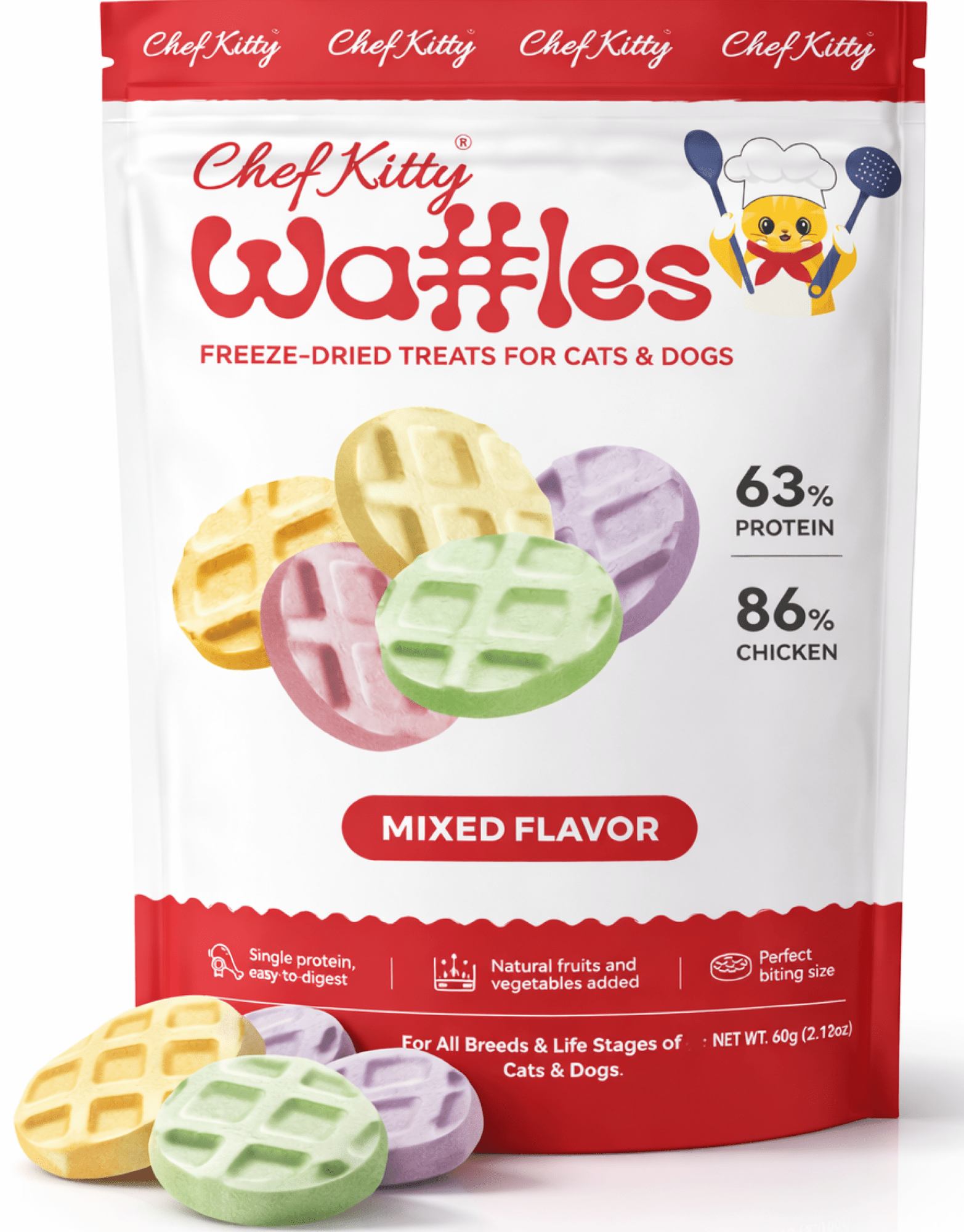 Human Grade Freeze Dried Waffles - Healthy Treats for Cats & Dogs - 4 Flavors - Inspected in USA - Chef - Kitty