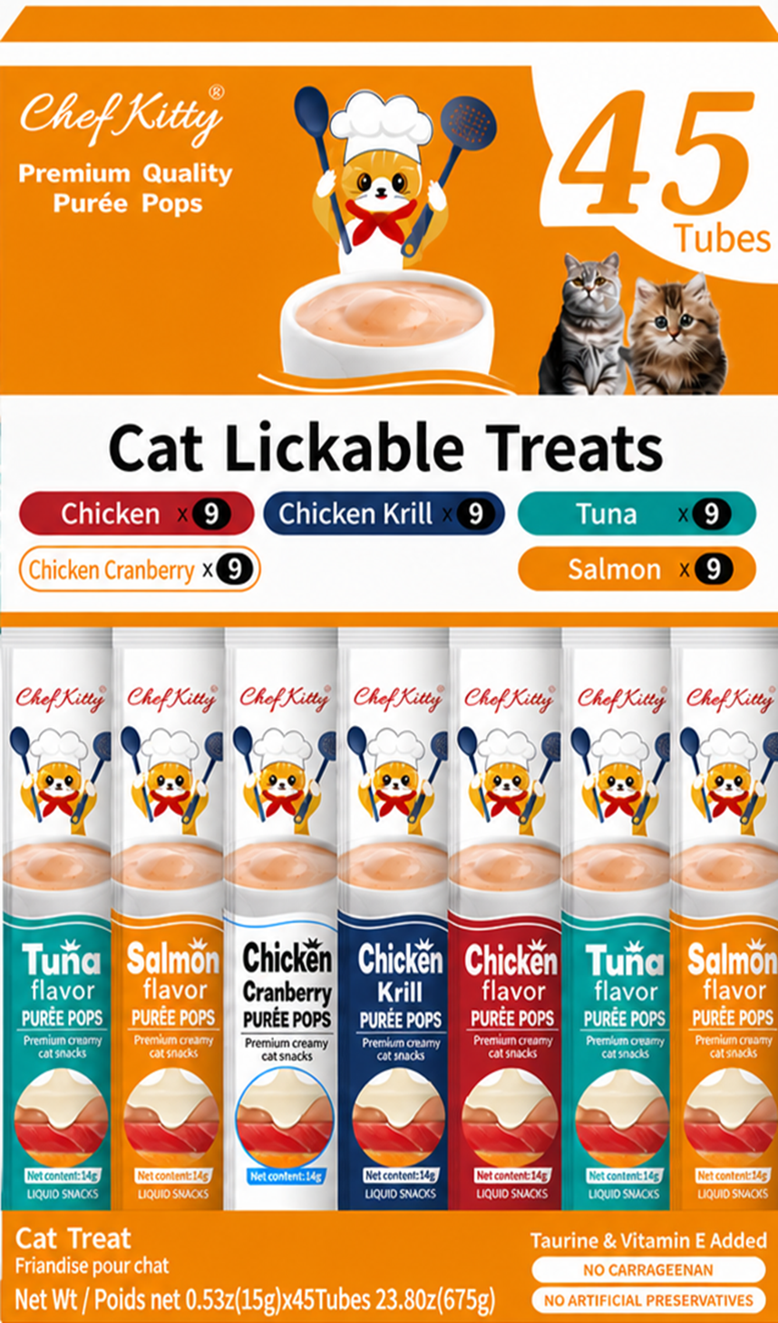 Chef Kitty Purée Pops grain-free cat treats 45 pack with creamy protein-rich puree in chicken, seafood, and mixed flavors