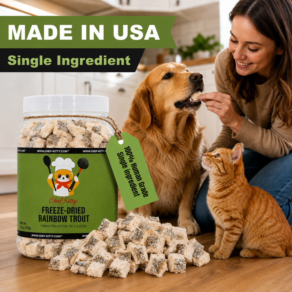 Freeze Dried Rainbow Trout Treats for Cats & Dogs - Idaho Farm-Raised, Single Ingredient, Made in USA - Chef-Kitty