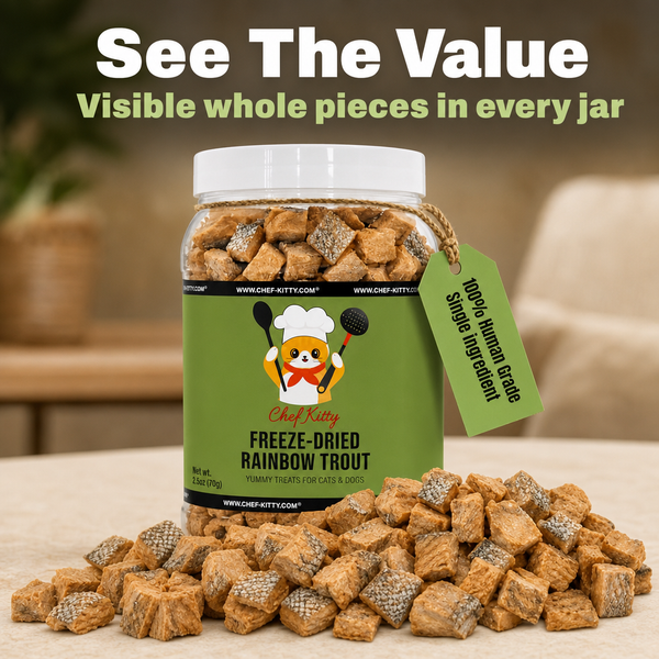Chef Kitty Freeze Dried Rainbow Trout Cat Treats | Idaho Farm-Raised, Cat & Dog Food Toppers | Single Ingredient | Omega-3, High Protein | Grain Free Dog Treats | No Additives | Made in USA