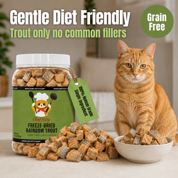 Chef Kitty Freeze Dried Rainbow Trout Cat Treats | Idaho Farm-Raised, Cat & Dog Food Toppers | Single Ingredient | Omega-3, High Protein | Grain Free Dog Treats | No Additives | Made in USA