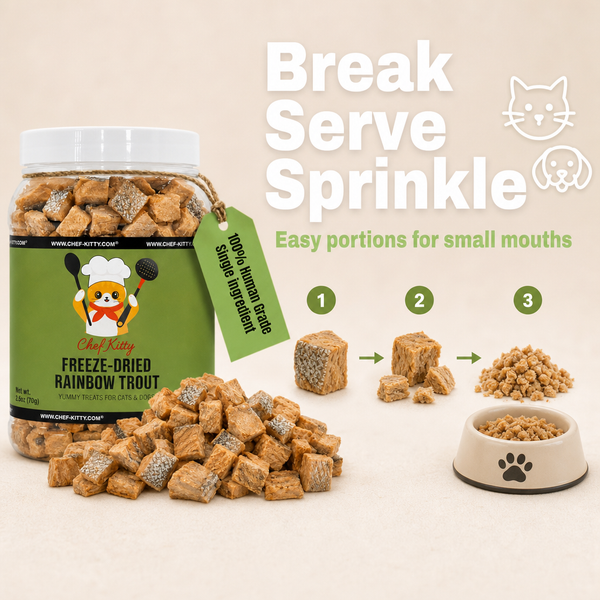Chef Kitty Freeze Dried Rainbow Trout Cat Treats | Idaho Farm-Raised, Cat & Dog Food Toppers | Single Ingredient | Omega-3, High Protein | Grain Free Dog Treats | No Additives | Made in USA