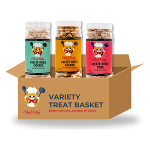 Variety Treat Basket: freeze-dried chicken, salmon and tuna treats in a Chef Kitty box